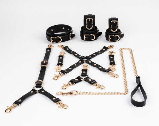 BDSM Restraint Set, Cowhide Leather Wrist, Ankle cuffs Collar back belt Restraint and Leash, two, three, four-way connector, 11 Piece kit